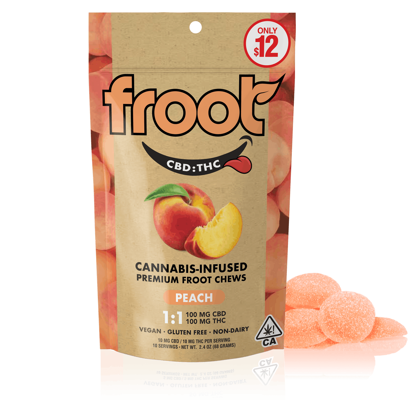 Froot Peach 1:1 CBD:THC Gummies - 100mg CBD: 100mg THC
